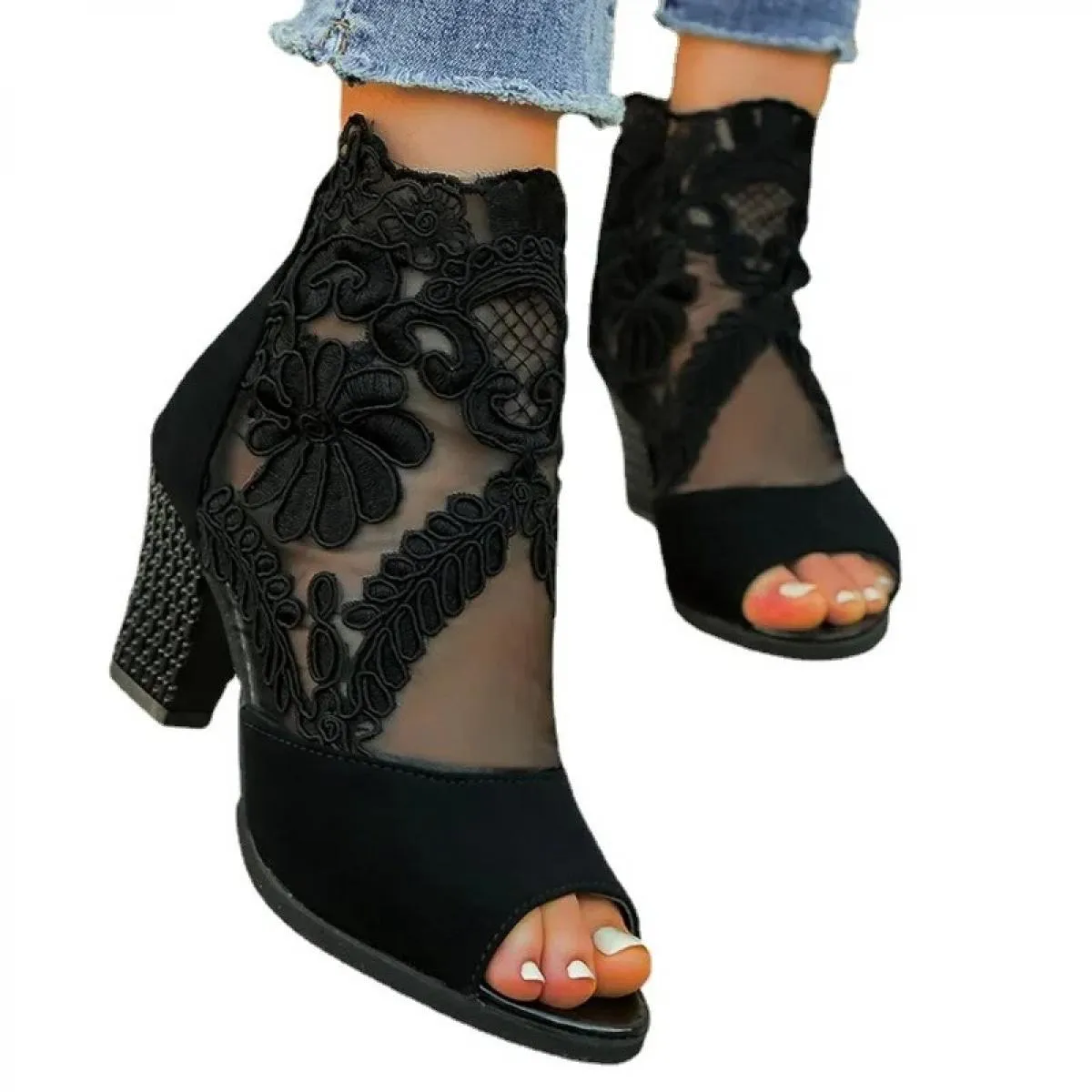 2023 New Fish Mouth Mesh Stivali estivi da donna Nero Zipper Mesh Design di marca Scarpe femminili Stivaletti alla caviglia Size