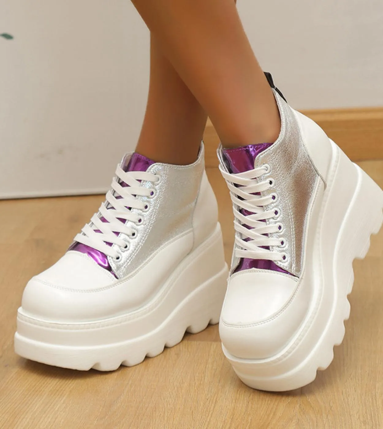 2023 Scarpe da donna Punta tonda Piattaforma con zeppa Stivaletti con lacci Moda Plus Size Casual Chunky Spessa Suola Sneakers D