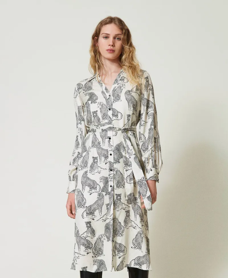 Abito longuette jacquard con stampa giaguaro