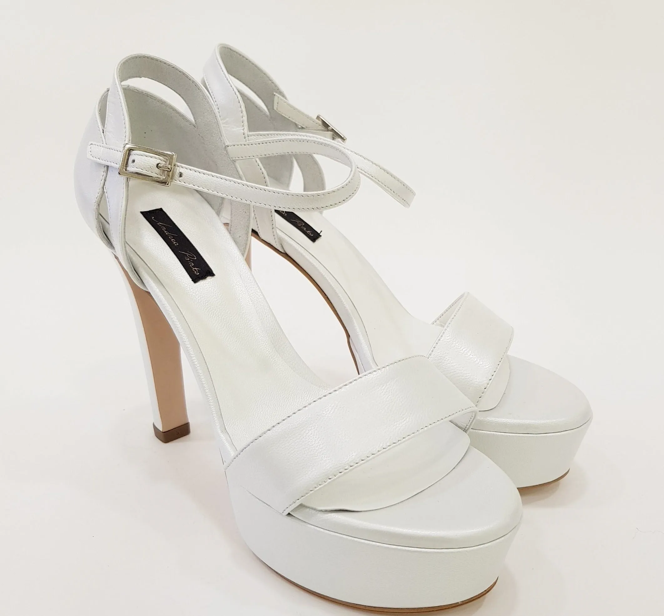 ANDREA PINTO SANDALO TACCO ALTO 12 CM PLATEAU 3,5 CM.PELLE BIANCO PERLA RIF.17