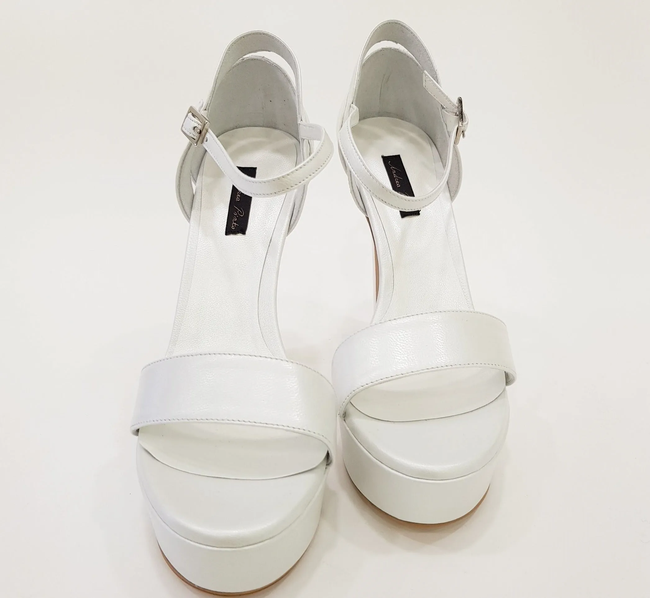 ANDREA PINTO SANDALO TACCO ALTO 12 CM PLATEAU 3,5 CM.PELLE BIANCO PERLA RIF.17