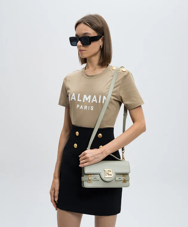 Balmain Borsa a tracolla con logo B-Buzz in pelle verde DN0DA828LSLX