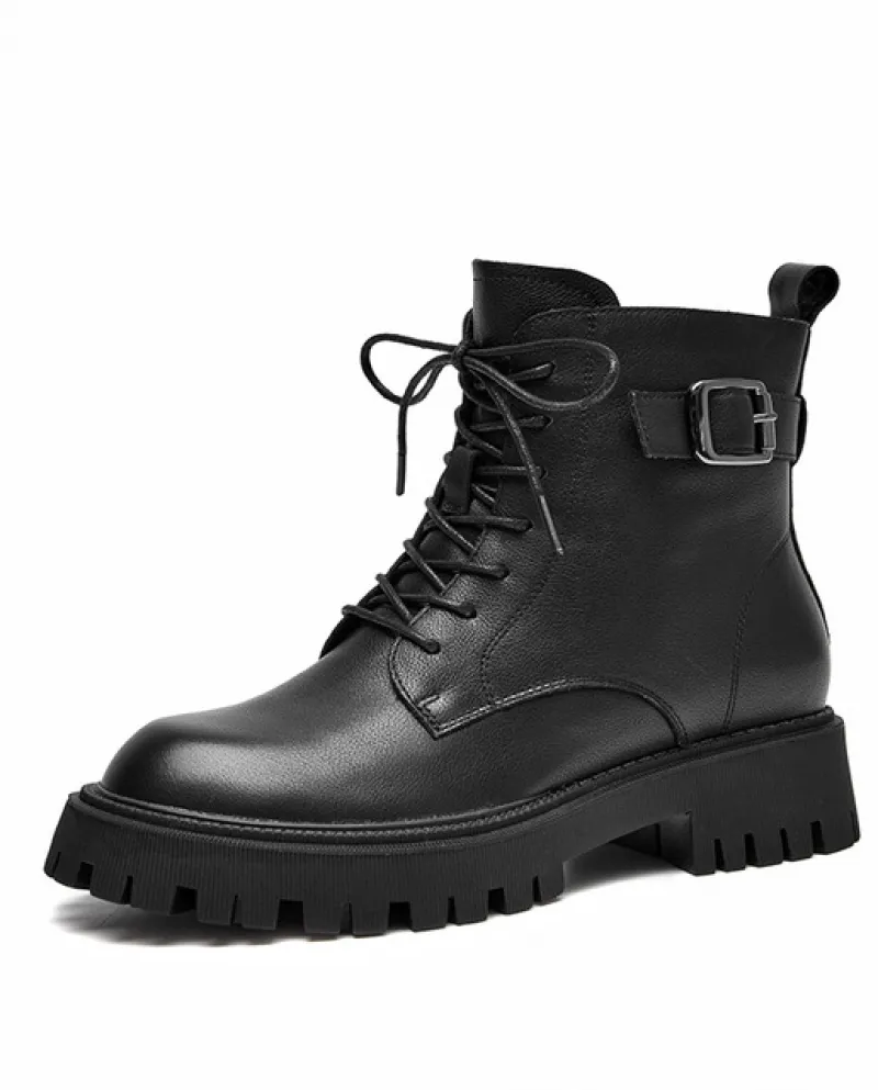 Beautoday Stivaletti Donna Stivali da moto con plateau in pelle di mucca Fibbia in metallo Cerniera laterale Hasp Scarpe corte d