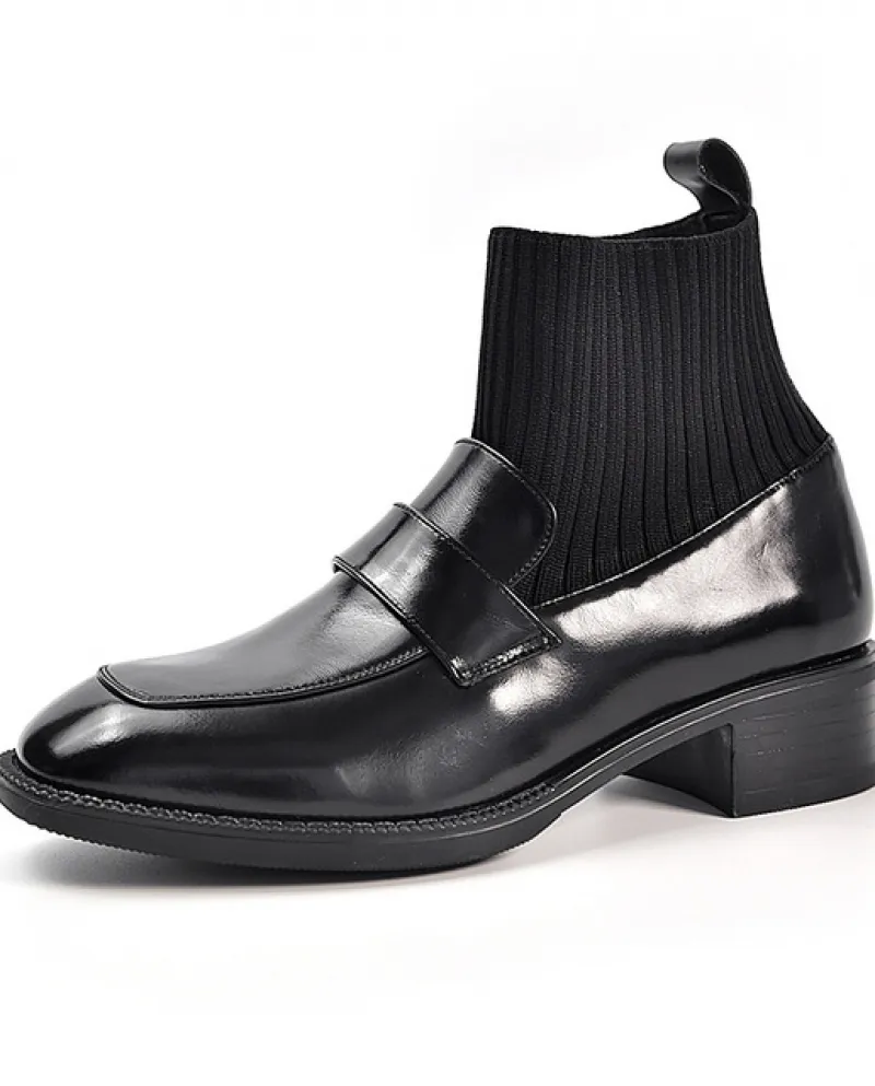Beautoday Stivaletti Donna Vera Pelle di Mucca Punta Quadrata Calzino Stivali Autunno Inverno Slip On Scarpe da Donna Fatte A Ma