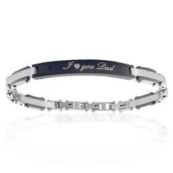 Bracciale in acciaio satinato con targa i love dad placcato rutenio con maglia speciale