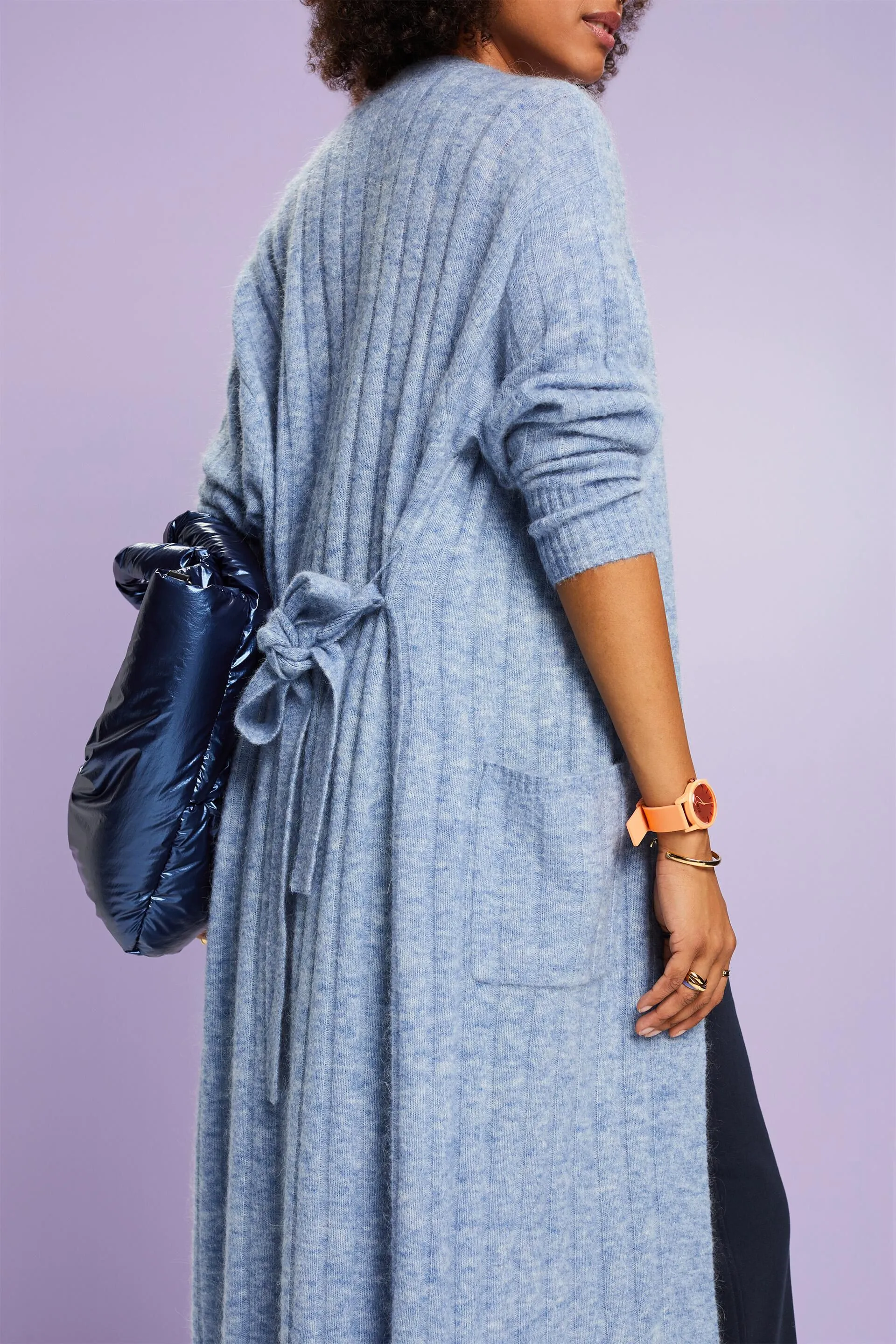 Cardigan lungo in maglia a coste con cintura