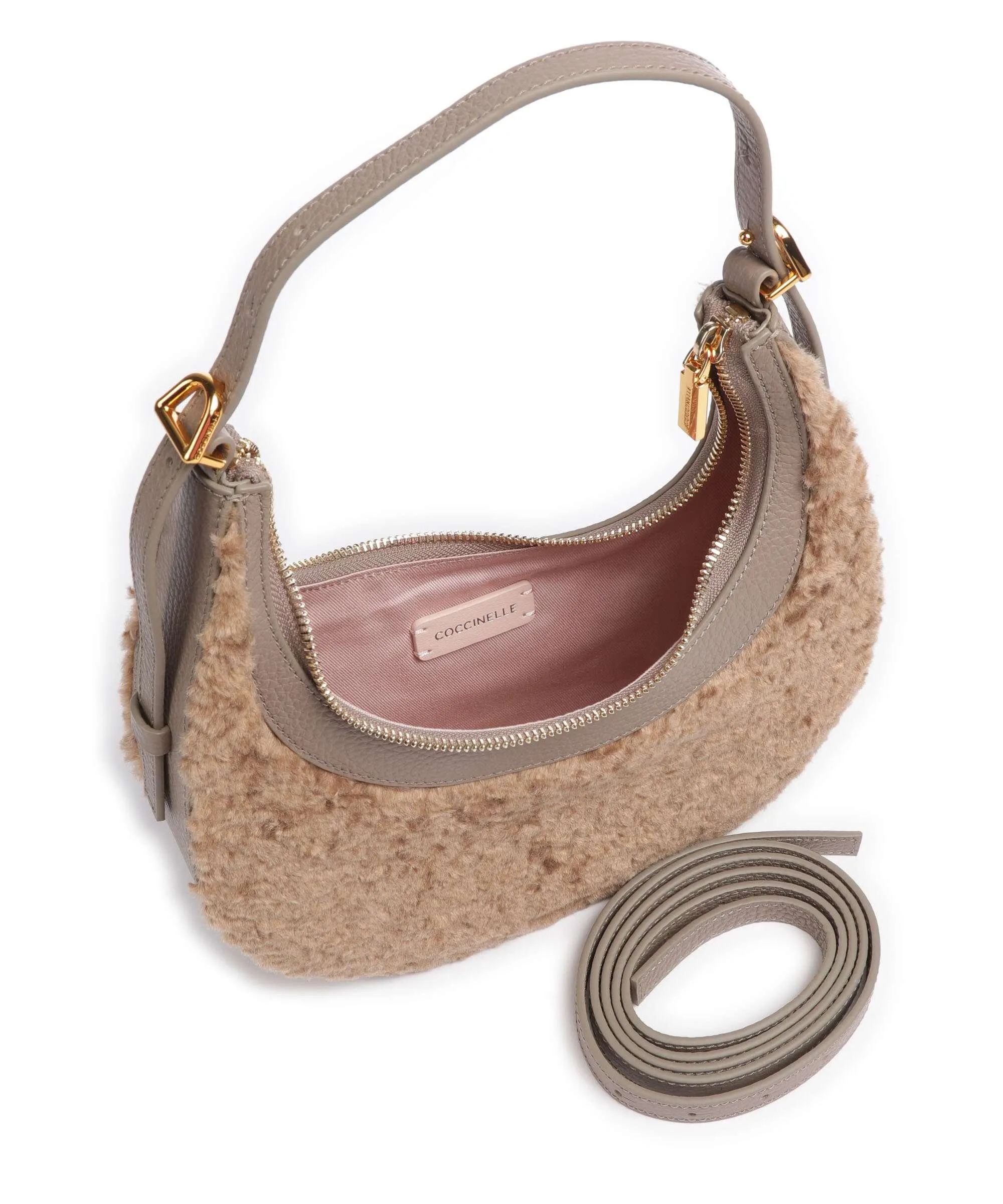  Coccinelle Whisper Astrakan Borsa a spalla pelle di vacchetta grana, eco-pelliccia taupe  