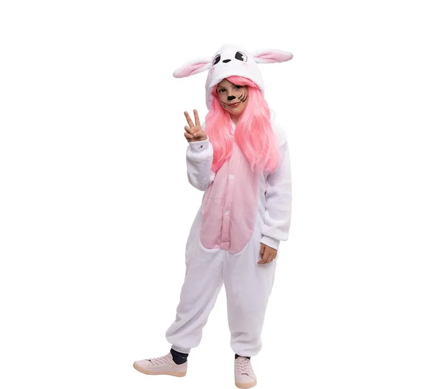Costume da coniglietta bianco e rosa con cappuccio per bambina