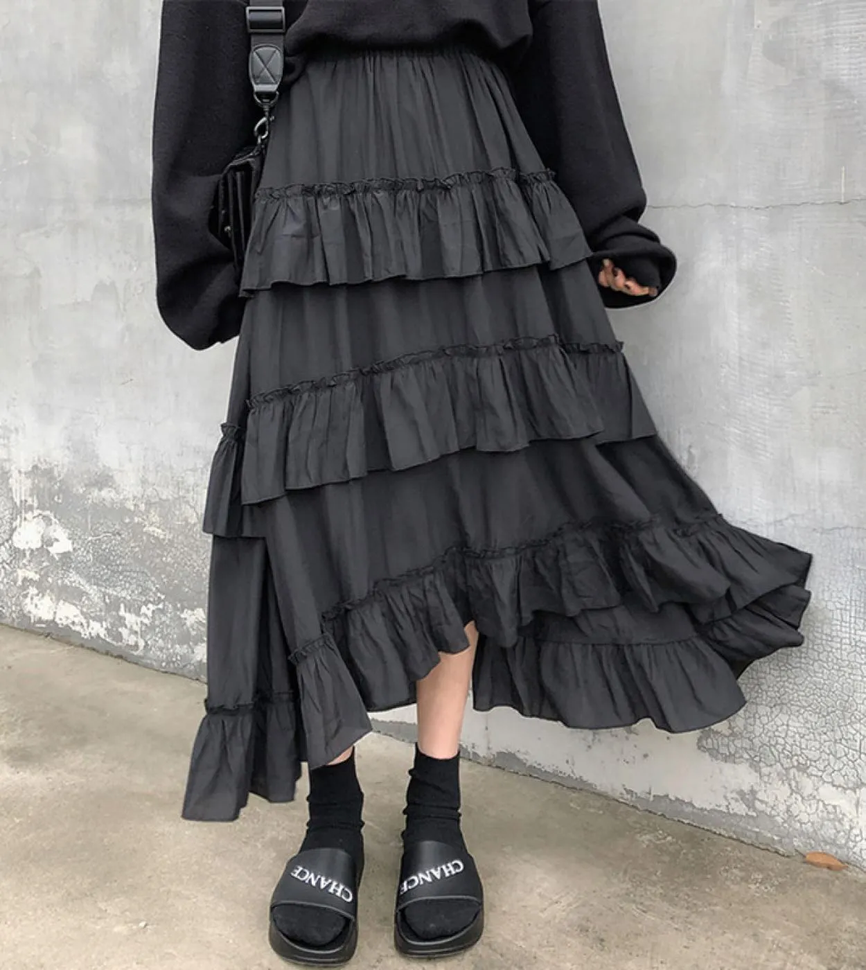 Gonne lunghe midi Gonna lunga da donna Goth Lolita Summer Gonna asimmetrica a vita alta con volant arricciata alta e bassa Gonna