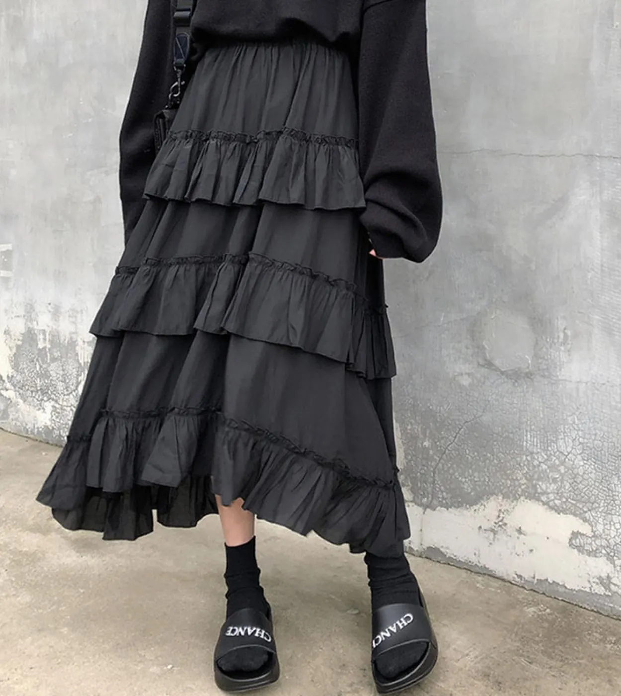 Gonne lunghe midi Gonna lunga da donna Goth Lolita Summer Gonna asimmetrica a vita alta con volant arricciata alta e bassa Gonna