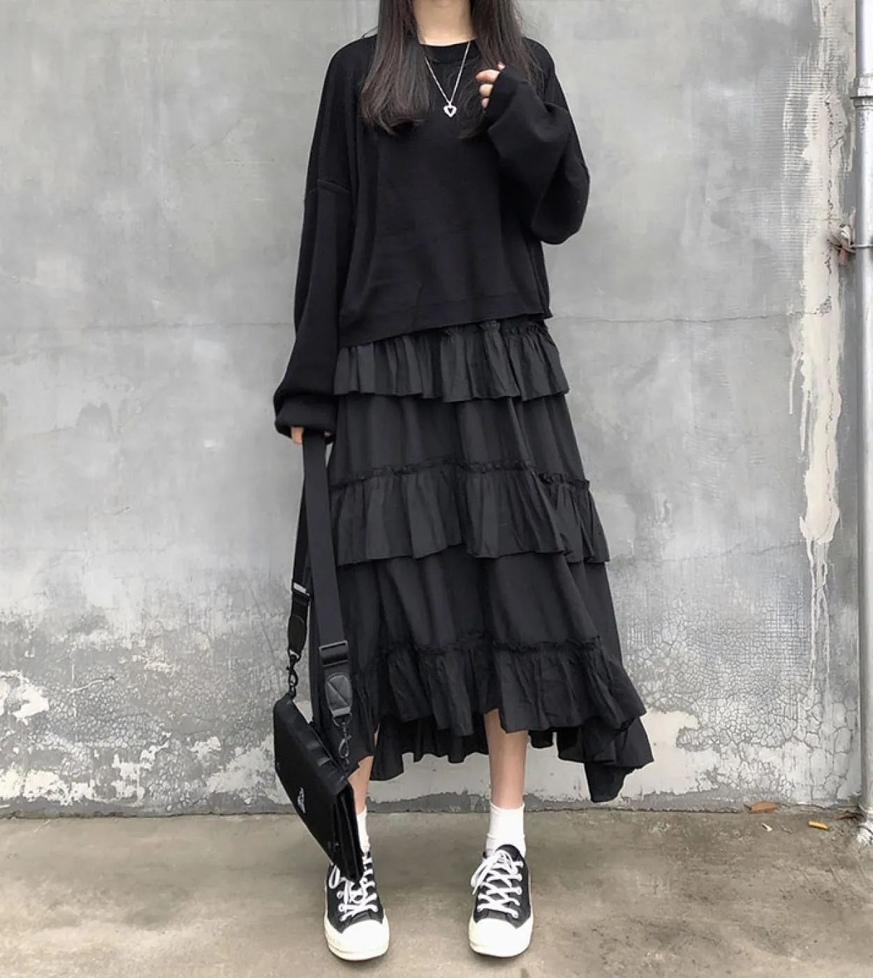 Gonne lunghe midi Gonna lunga da donna Goth Lolita Summer Gonna asimmetrica a vita alta con volant arricciata alta e bassa Gonna