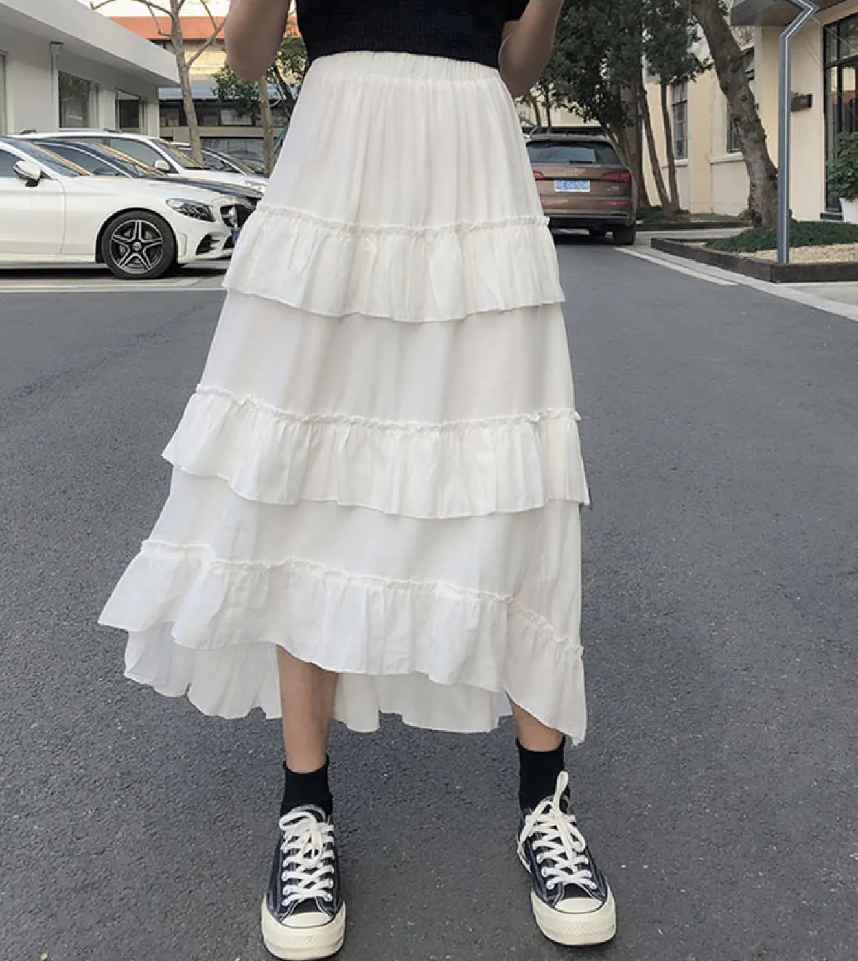 Gonne lunghe midi Gonna lunga da donna Goth Lolita Summer Gonna asimmetrica a vita alta con volant arricciata alta e bassa Gonna