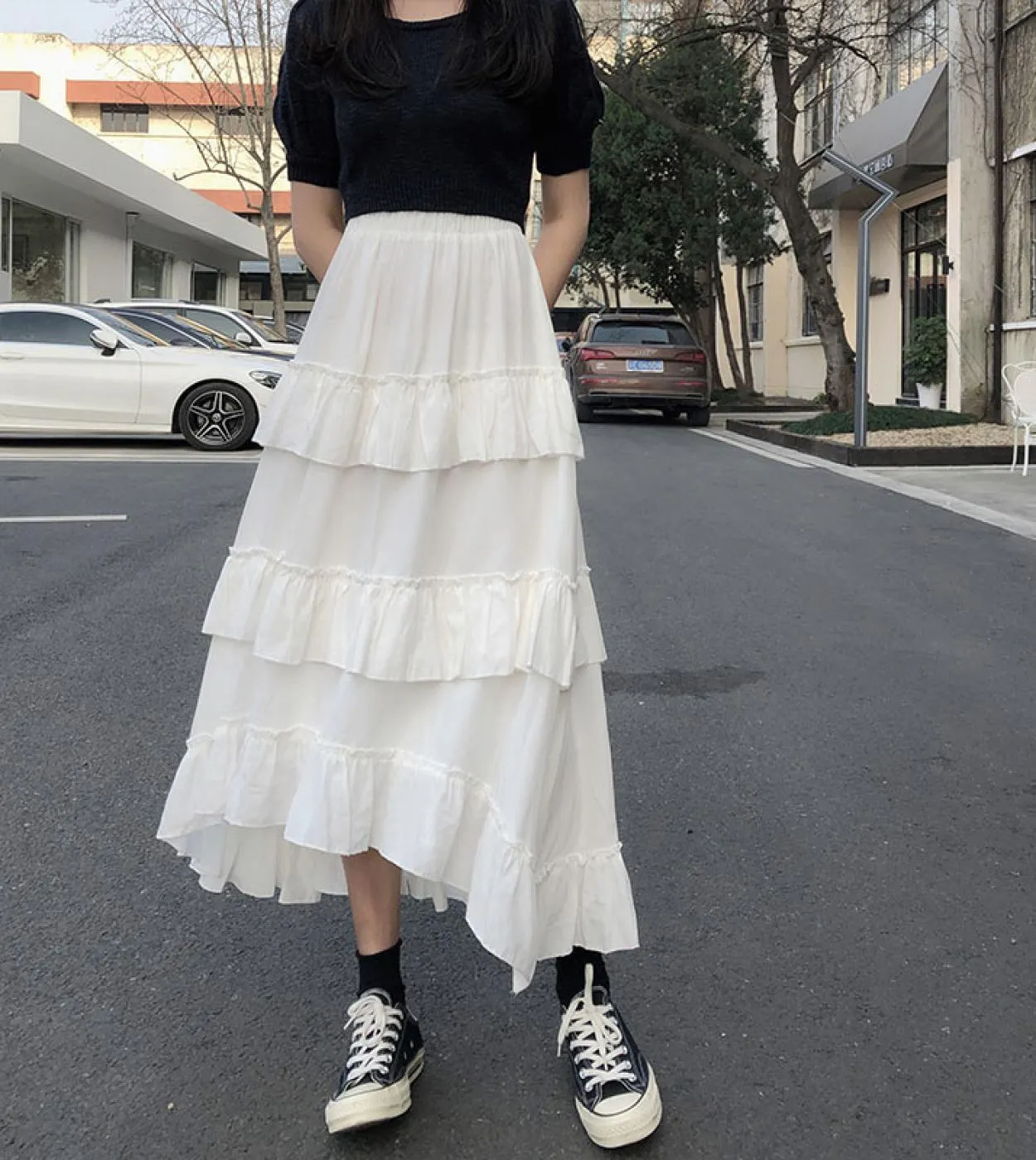 Gonne lunghe midi Gonna lunga da donna Goth Lolita Summer Gonna asimmetrica a vita alta con volant arricciata alta e bassa Gonna