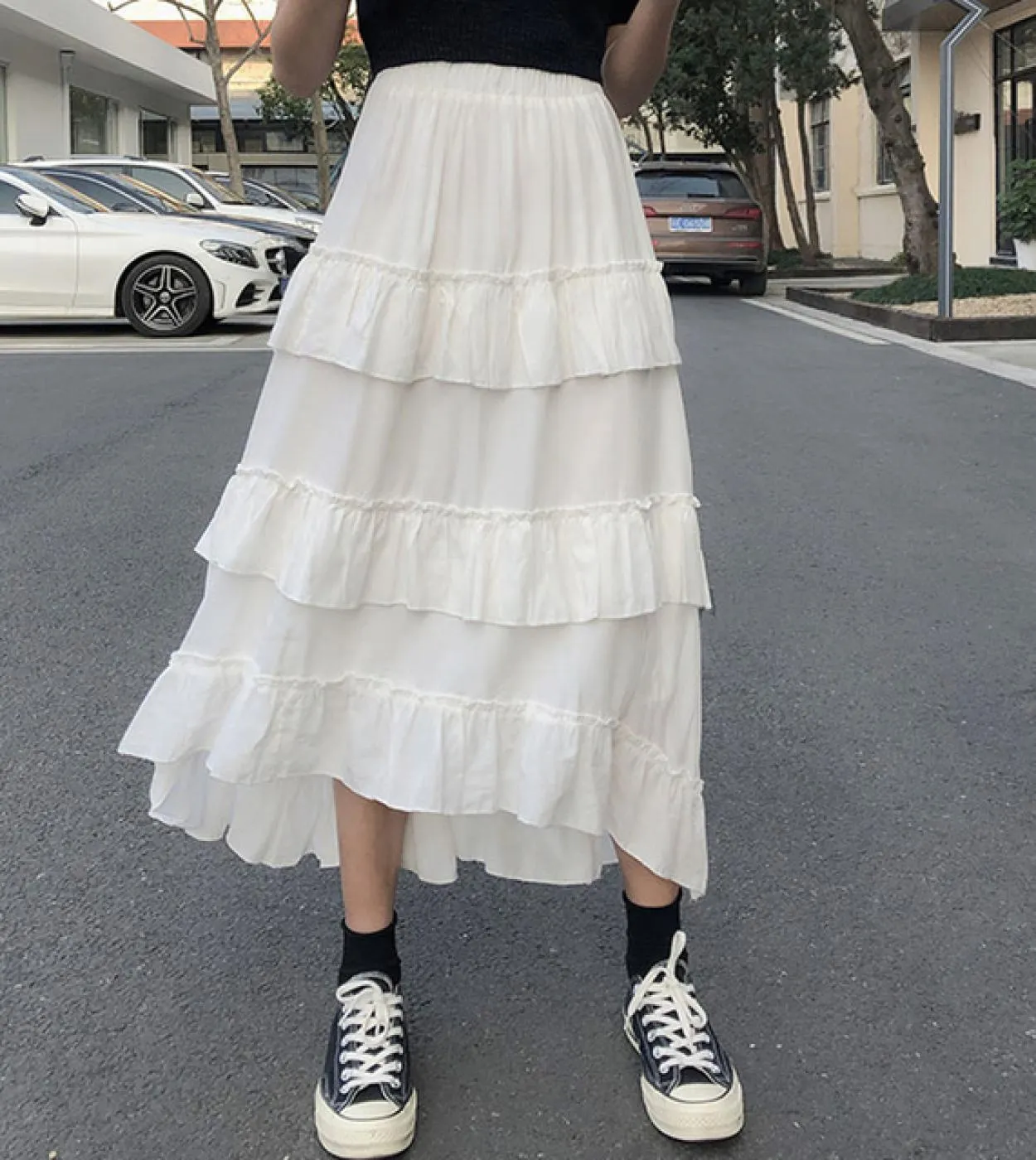 Gonne lunghe midi Gonna lunga da donna Goth Lolita Summer Gonna asimmetrica a vita alta con volant arricciata alta e bassa Gonna