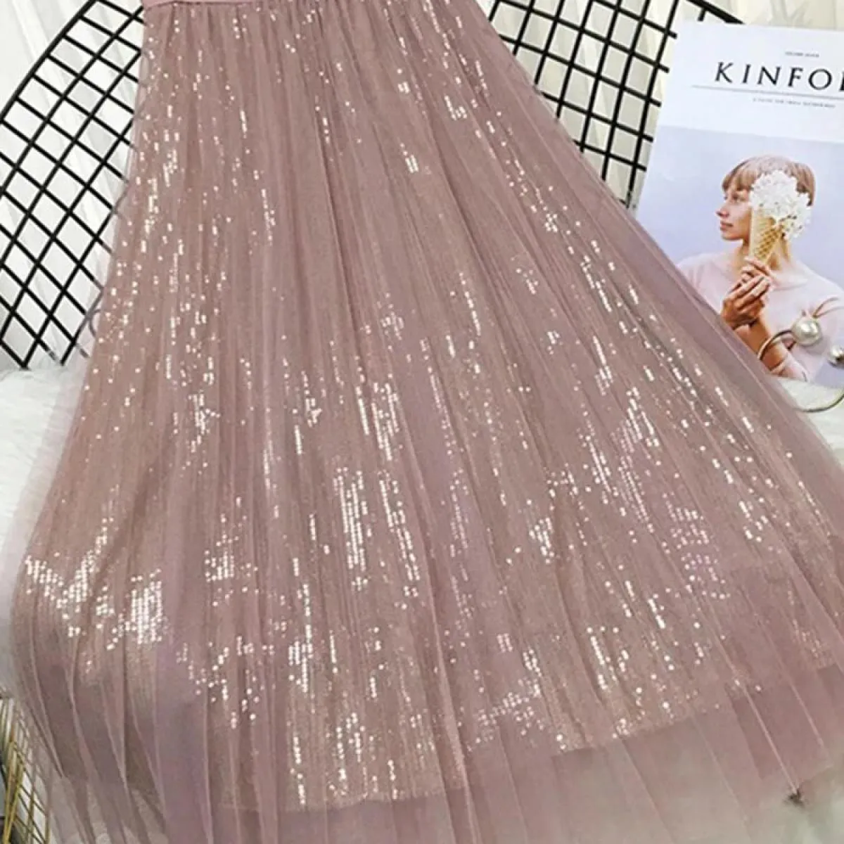 Gonne primavera estate Gonna lunga in tulle da donna Gonna longuette a pieghe con paillettes Gonna longuette chic a vita alta fe