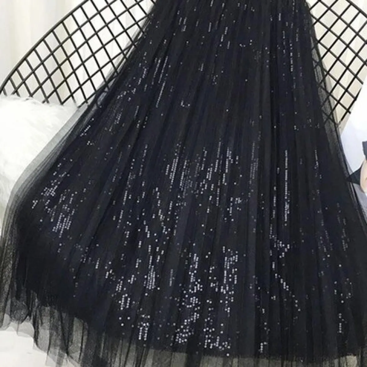 Gonne primavera estate Gonna lunga in tulle da donna Gonna longuette a pieghe con paillettes Gonna longuette chic a vita alta fe