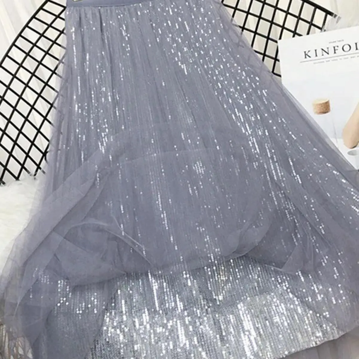 Gonne primavera estate Gonna lunga in tulle da donna Gonna longuette a pieghe con paillettes Gonna longuette chic a vita alta fe