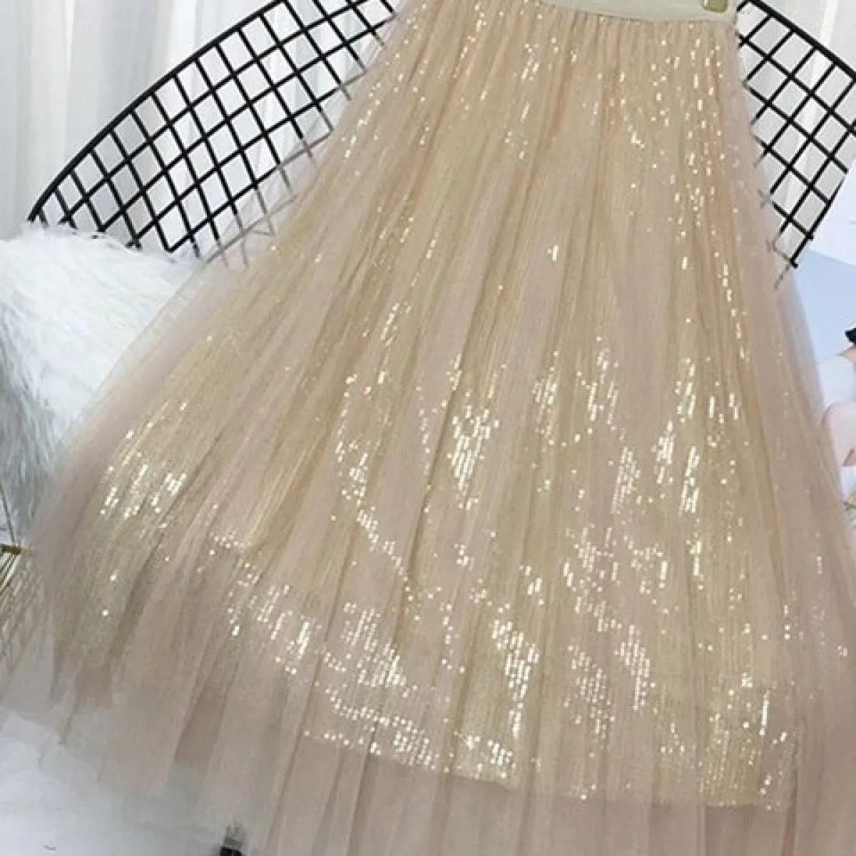 Gonne primavera estate Gonna lunga in tulle da donna Gonna longuette a pieghe con paillettes Gonna longuette chic a vita alta fe