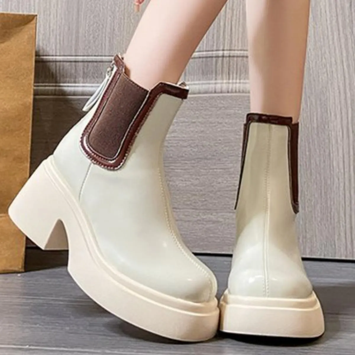 Inverno Nuova Tendenza Tacchi Medi Scarpe Chunky Stivali Da Moto 2023 Delle Donne Della Piattaforma Stivali Chelsea Cerniera Gla