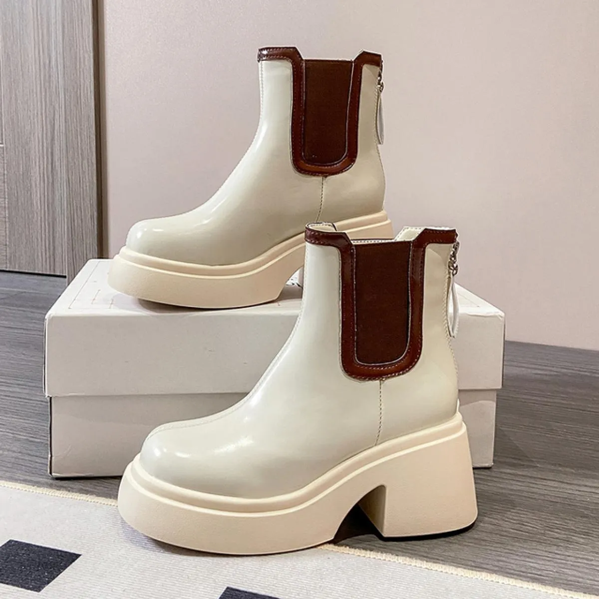 Inverno Nuova Tendenza Tacchi Medi Scarpe Chunky Stivali Da Moto 2023 Delle Donne Della Piattaforma Stivali Chelsea Cerniera Gla