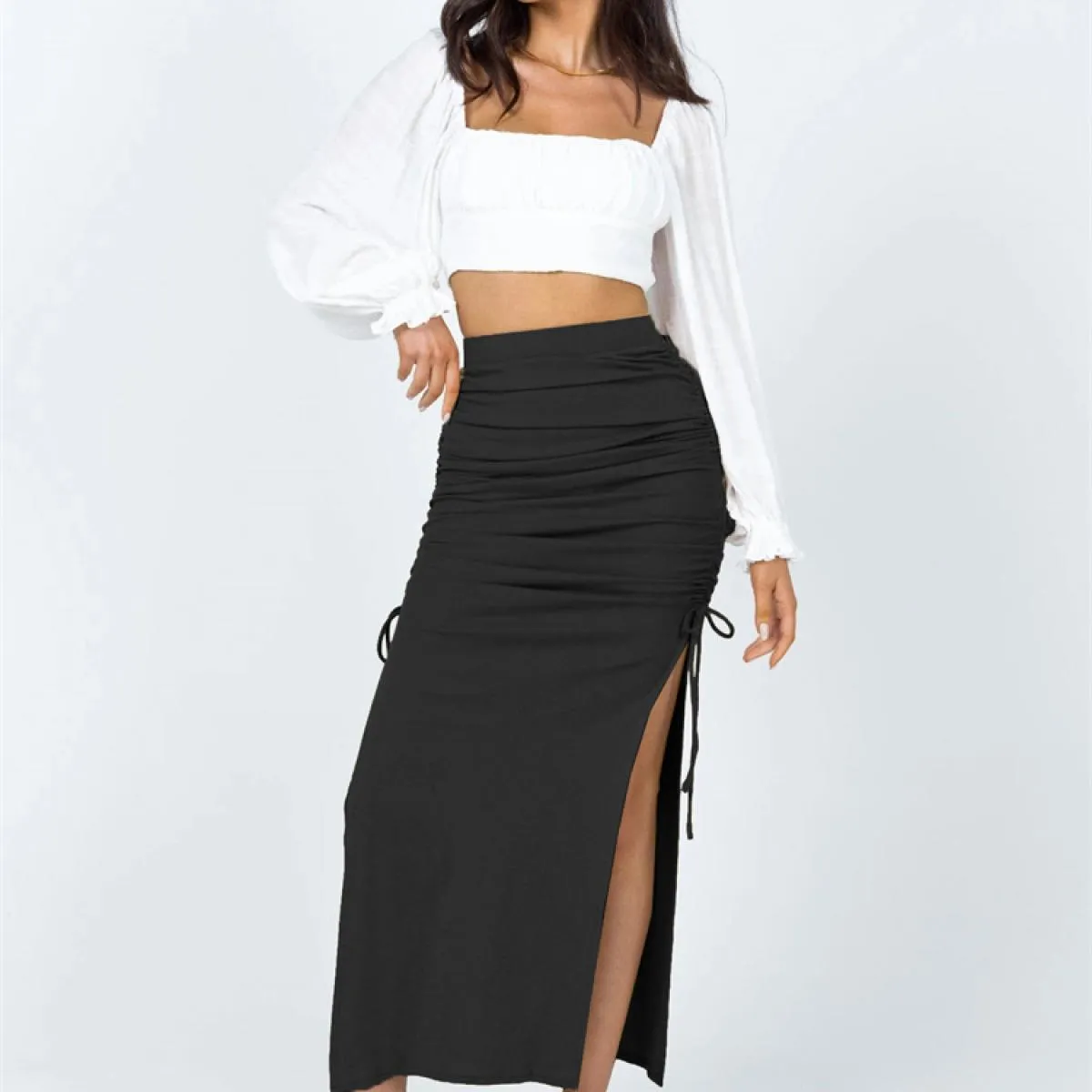 Knit Gonna lunga a pieghe con lacci Moda Donna Divisa a vita alta Gonna Y2k da donna Maglieria Gonna maxi estiva solida