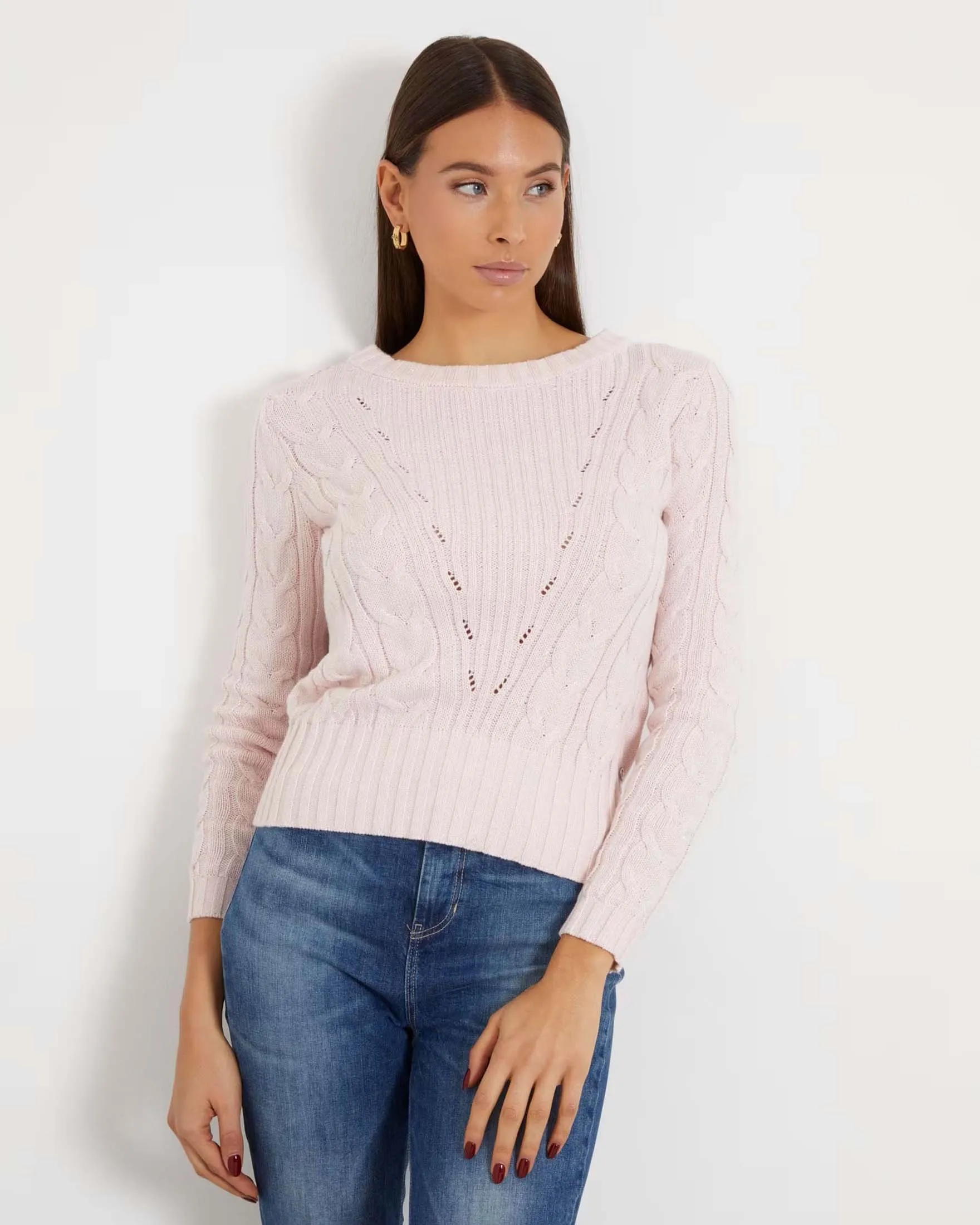 Maglia girocollo rosa regular a coste e trecce in cotone e lurex con motivo punzonato