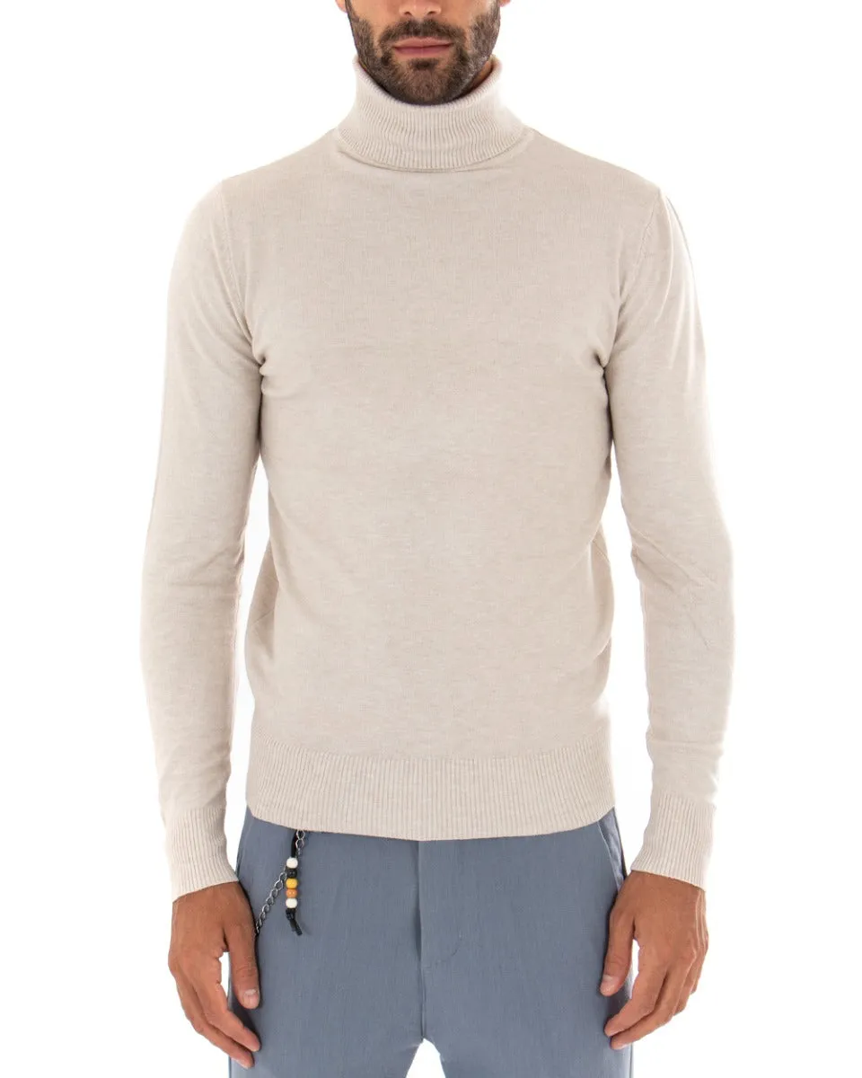 Maglioncino Uomo Maglia Maniche Lunghe Collo Alto Elastico Tinta Unita Beige Melangiato GIOSAL-M2542A