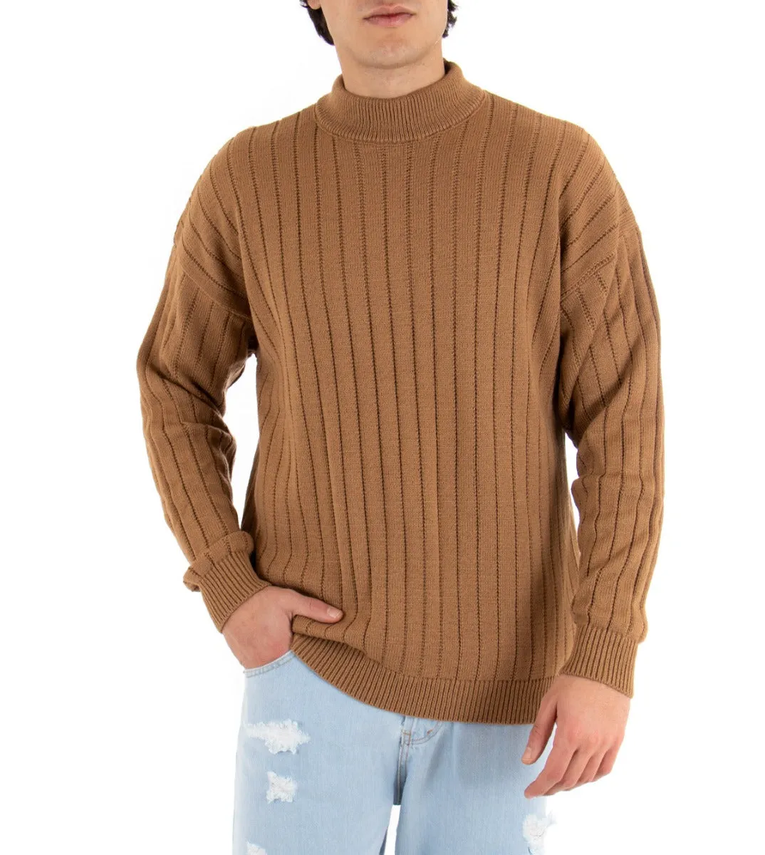Maglioncino Uomo Mezzo Collo Tinta Unita Camel Costine Righe Maglia Spalla Scesa GIOSAL-M2170A