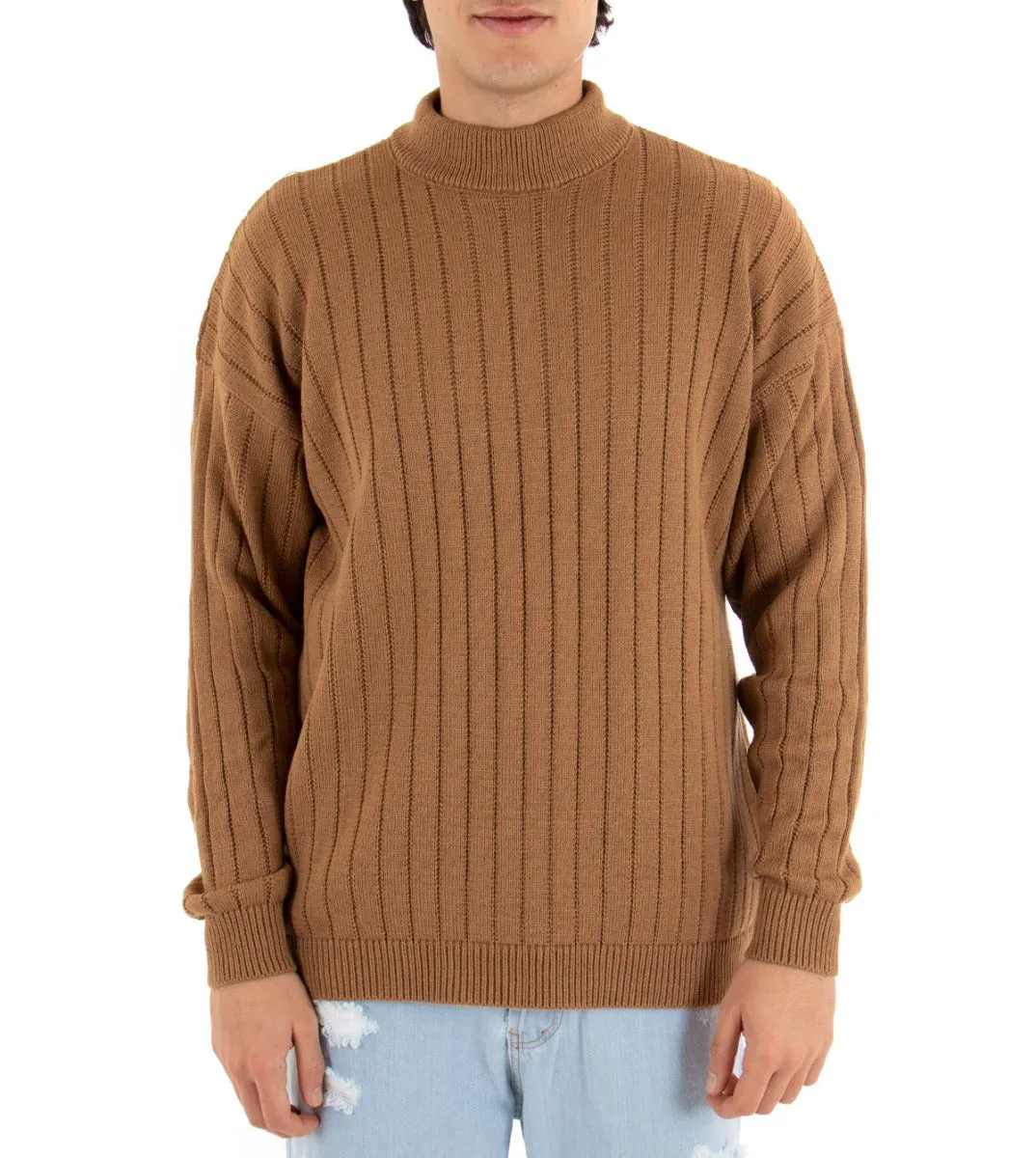 Maglioncino Uomo Mezzo Collo Tinta Unita Camel Costine Righe Maglia Spalla Scesa GIOSAL-M2170A
