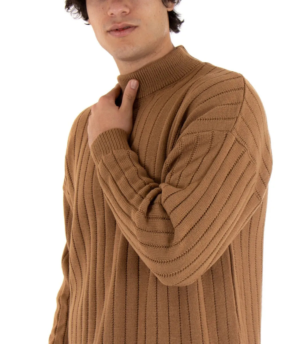 Maglioncino Uomo Mezzo Collo Tinta Unita Camel Costine Righe Maglia Spalla Scesa GIOSAL-M2170A