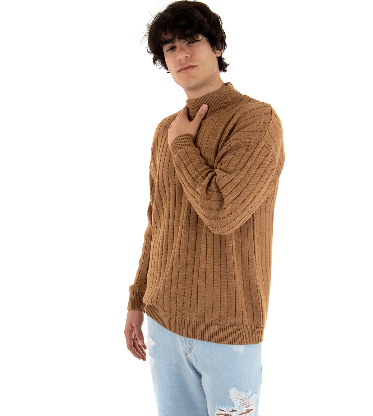Maglioncino Uomo Mezzo Collo Tinta Unita Camel Costine Righe Maglia Spalla Scesa GIOSAL-M2170A