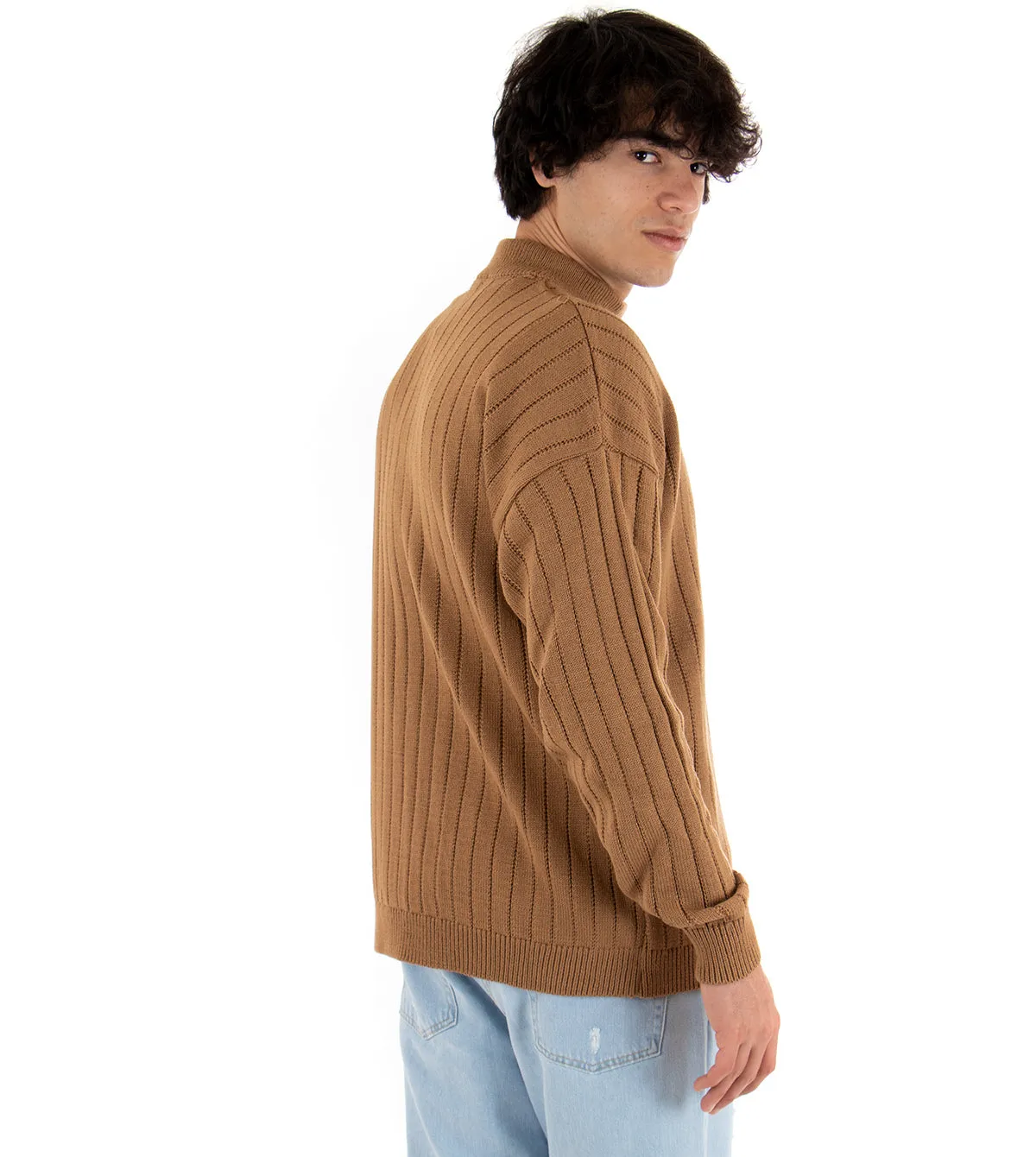 Maglioncino Uomo Mezzo Collo Tinta Unita Camel Costine Righe Maglia Spalla Scesa GIOSAL-M2170A