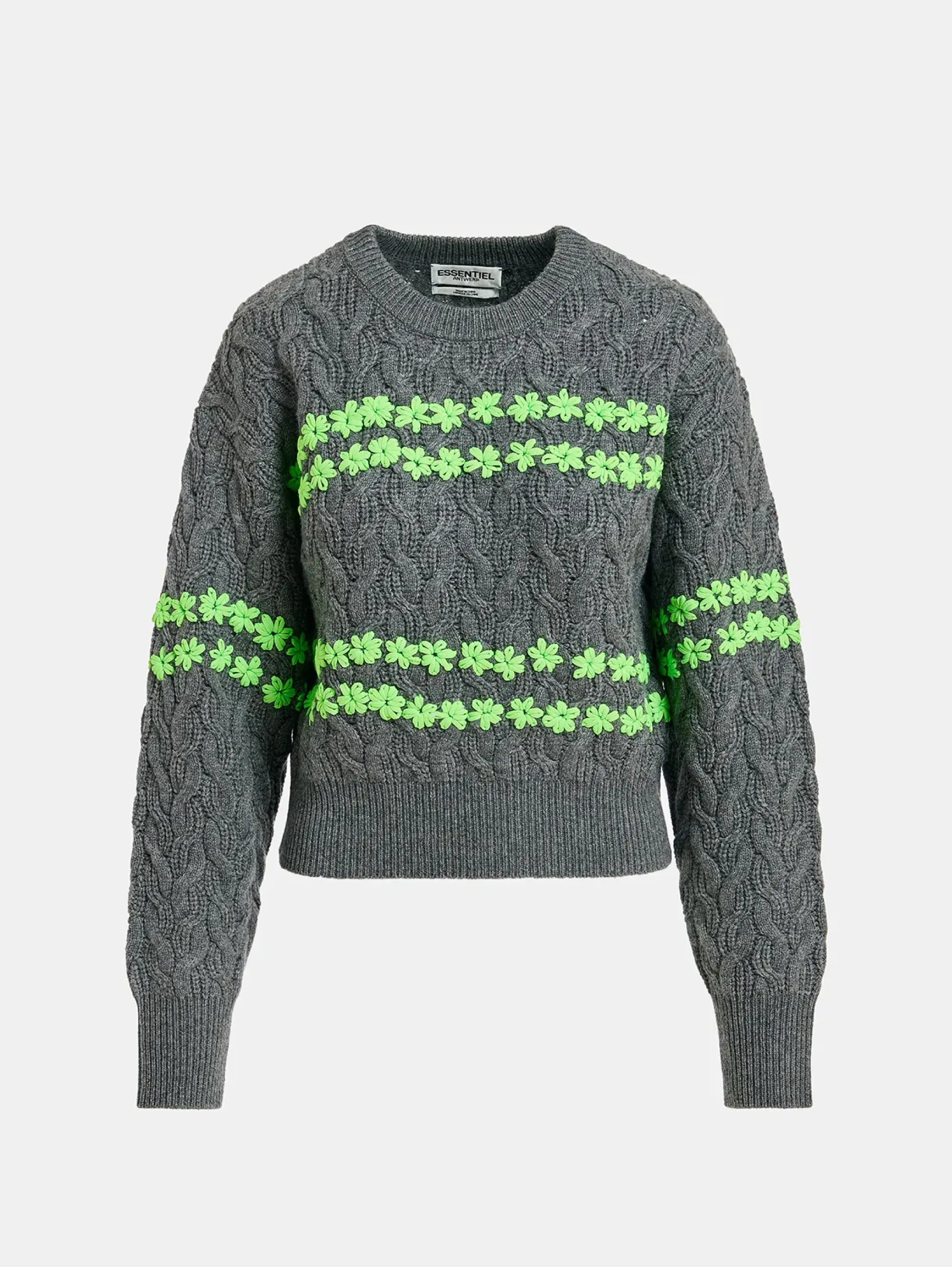 Maglione a Trecce con Ricami Floreali Grigio