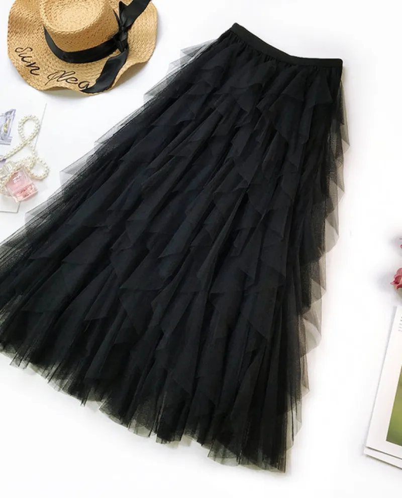 Moda Tutu Gonna di Tulle Donne Maxi Gonna Lunga 2022 Primavera Estate Nero Rosa Gonna A Pieghe A Vita Alta Gonne Femminili