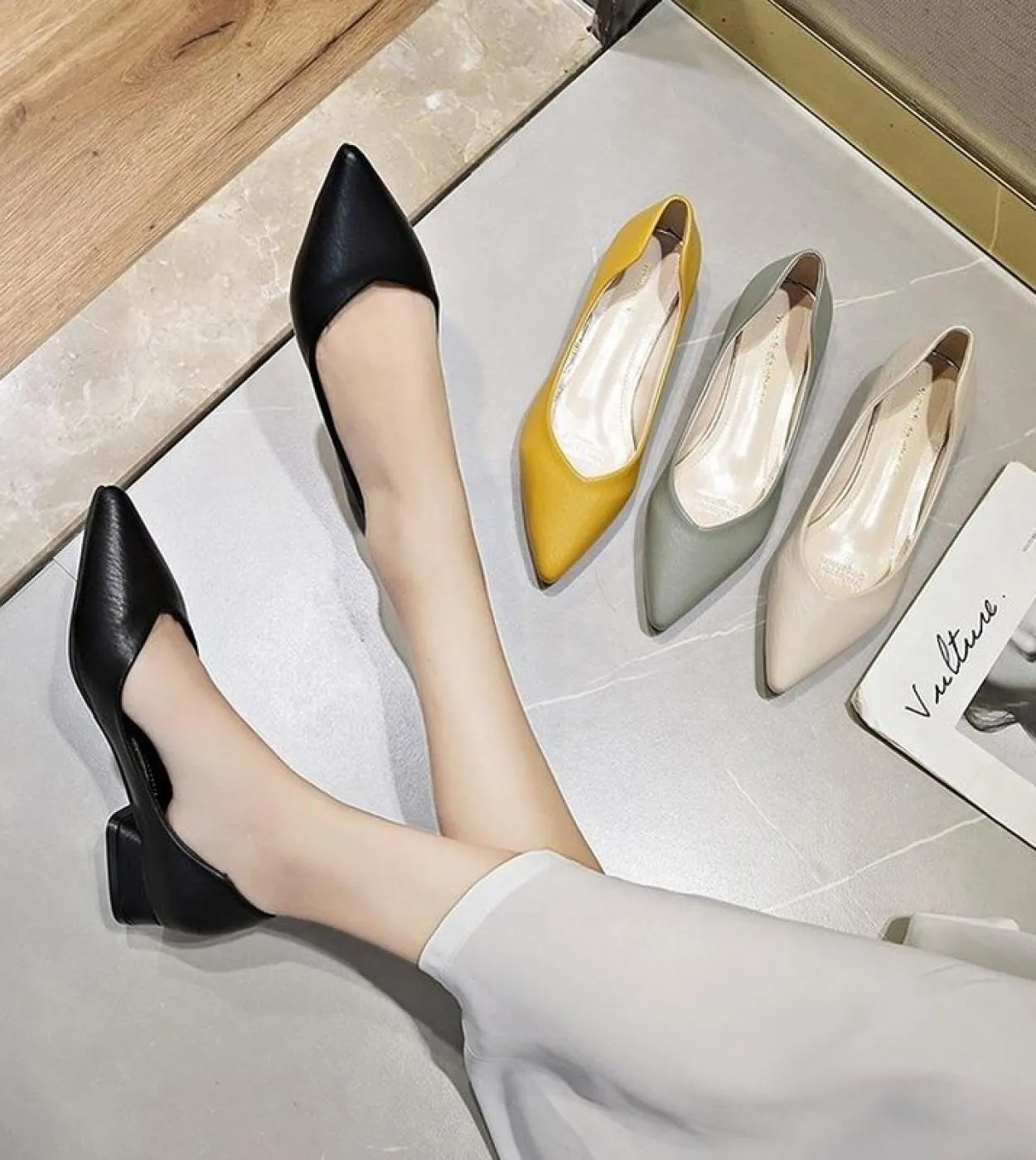 Scarpe con tacco medio Punta a punta New Fashion Ladies Tinta unita Bocca poco profonda