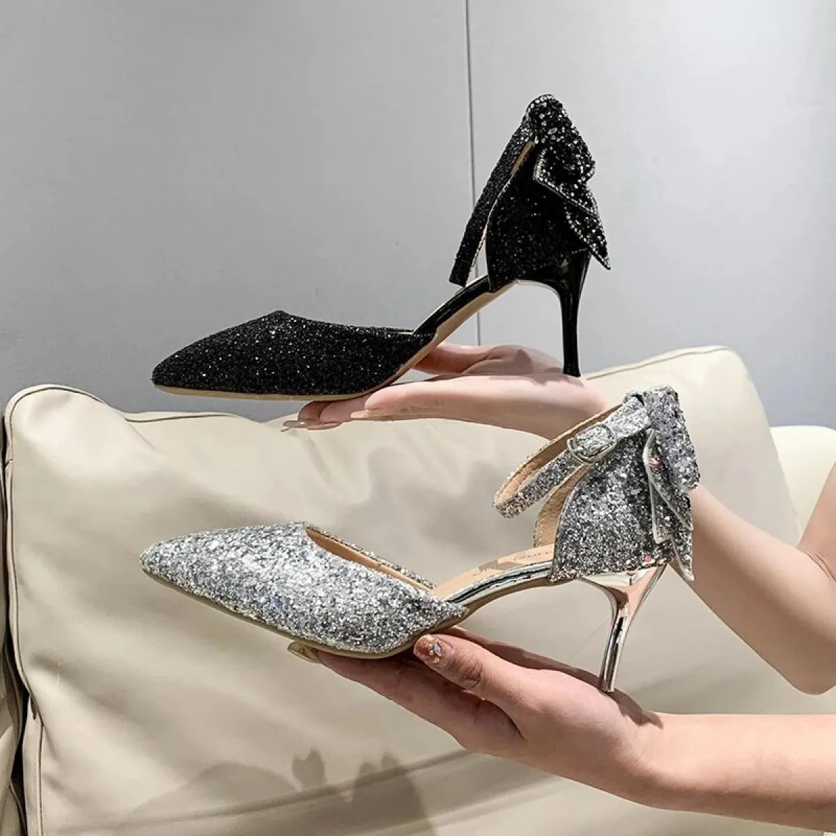 Scarpe da donna Argento Calzature estive da donna Scarpe da sposa con strass Punta a punta Tacco super alto Diamante