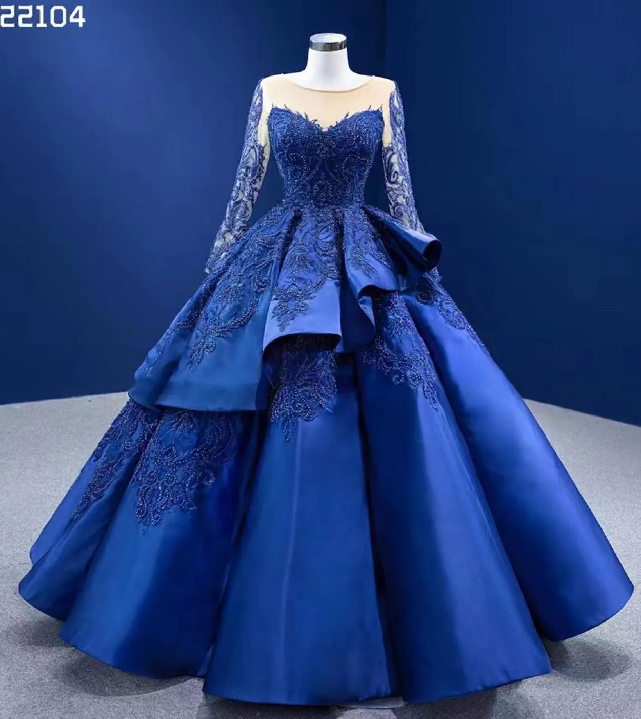 Serene Hill blu maniche lunghe in rilievo pizzo pizzo abito da ballo abiti da sposa abito da sposa fascia alta su misura 2023 Hm