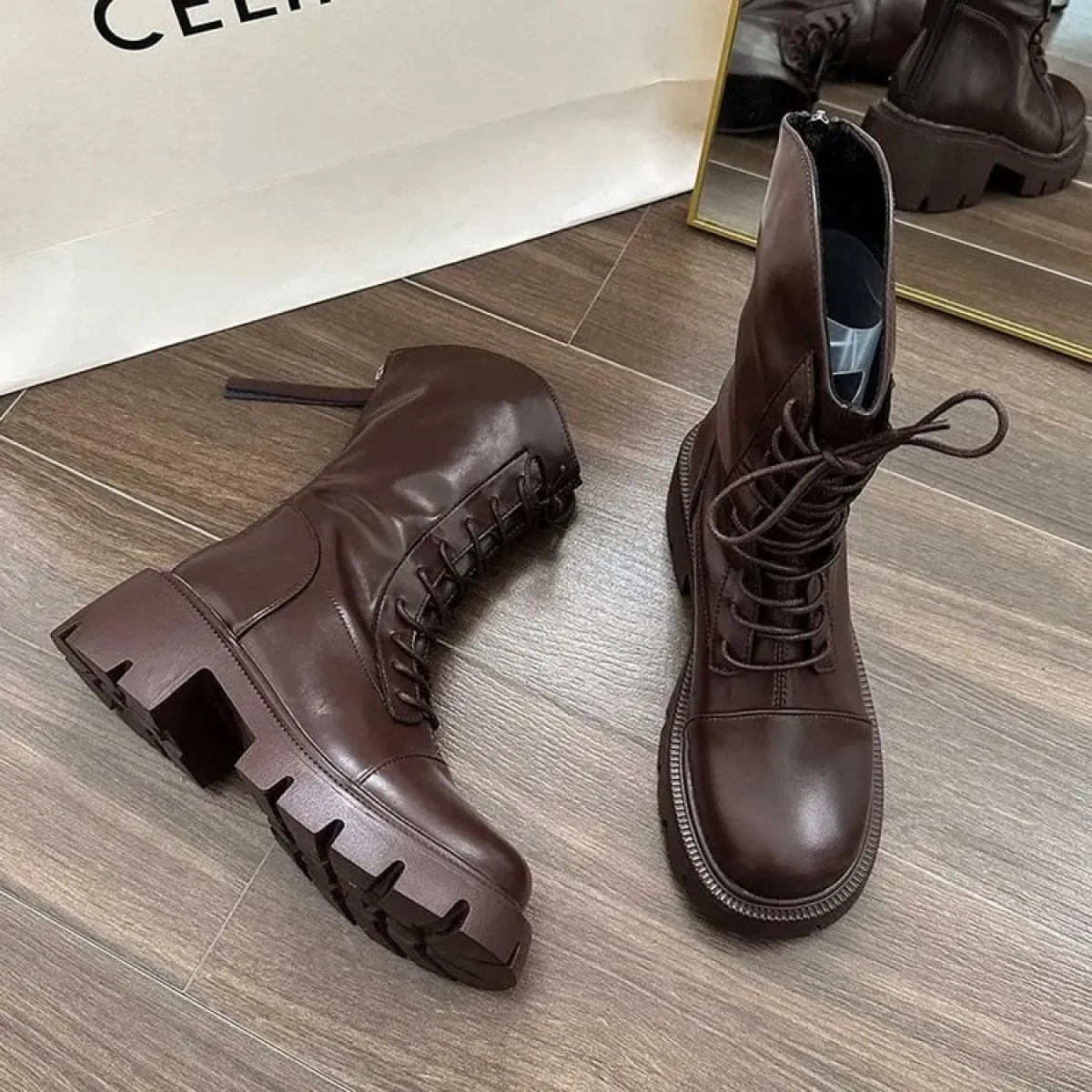 Stivaletti autunnali Scarpe da donna Moda Stringate con fondo spesso Scarpe da donna da strada nere con plateau e punta tonda
