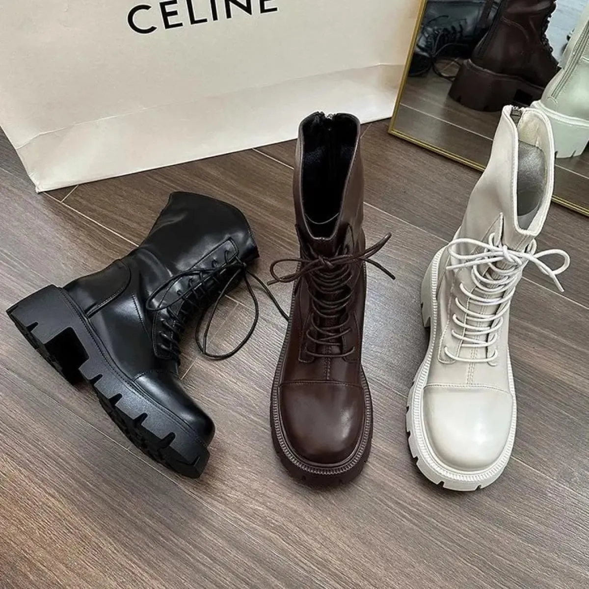 Stivaletti autunnali Scarpe da donna Moda Stringate con fondo spesso Scarpe da donna da strada nere con plateau e punta tonda