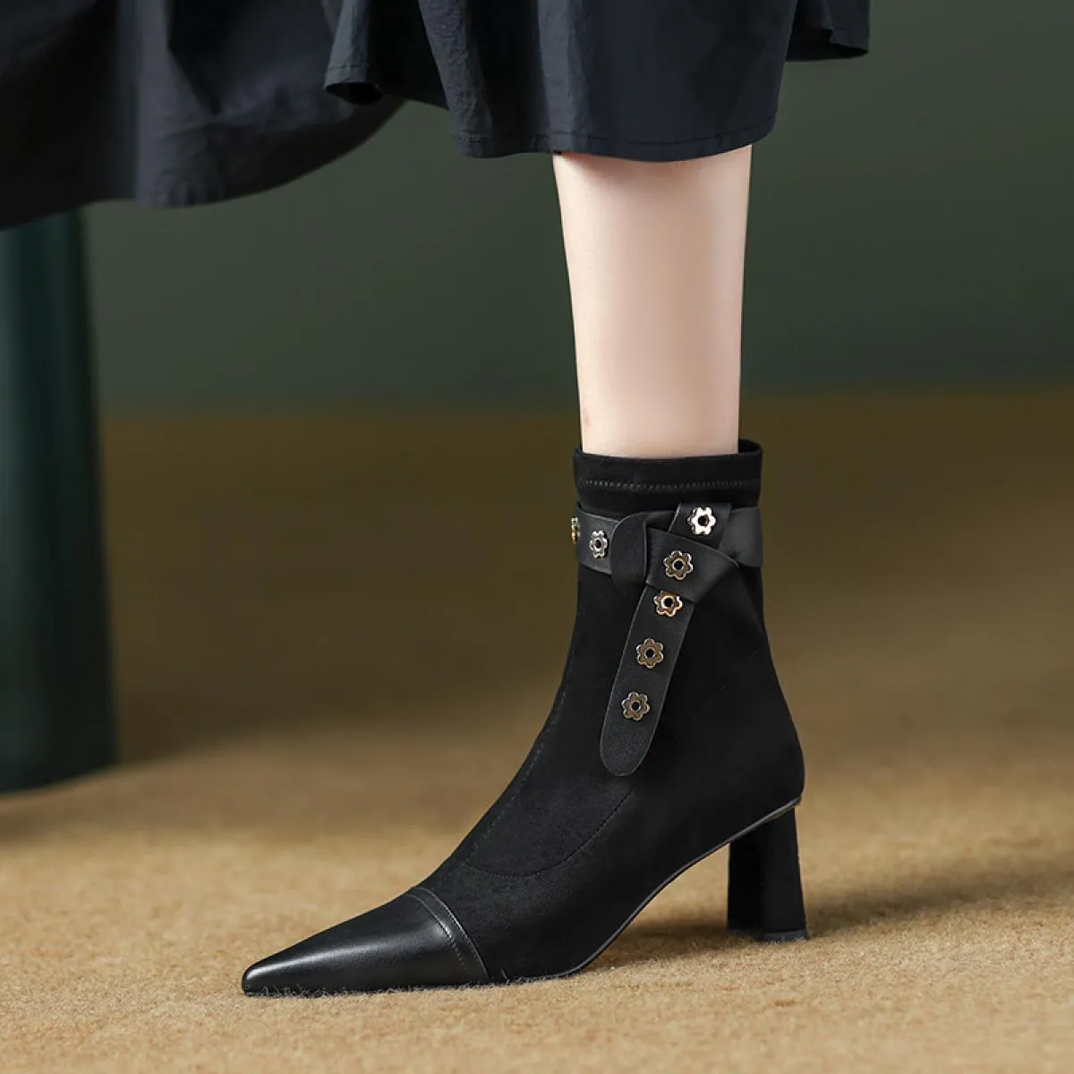 Stivaletti da donna Autunno Inverno Punta a punta Tacchi alti Scarpe in pelle scamosciata di mucca Donna Festa da ufficio Donna