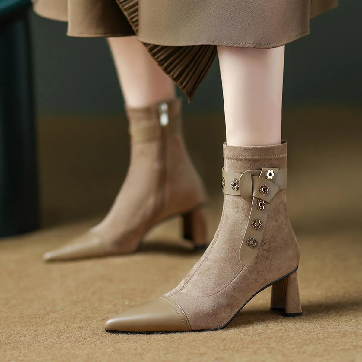 Stivaletti da donna Autunno Inverno Punta a punta Tacchi alti Scarpe in pelle scamosciata di mucca Donna Festa da ufficio Donna