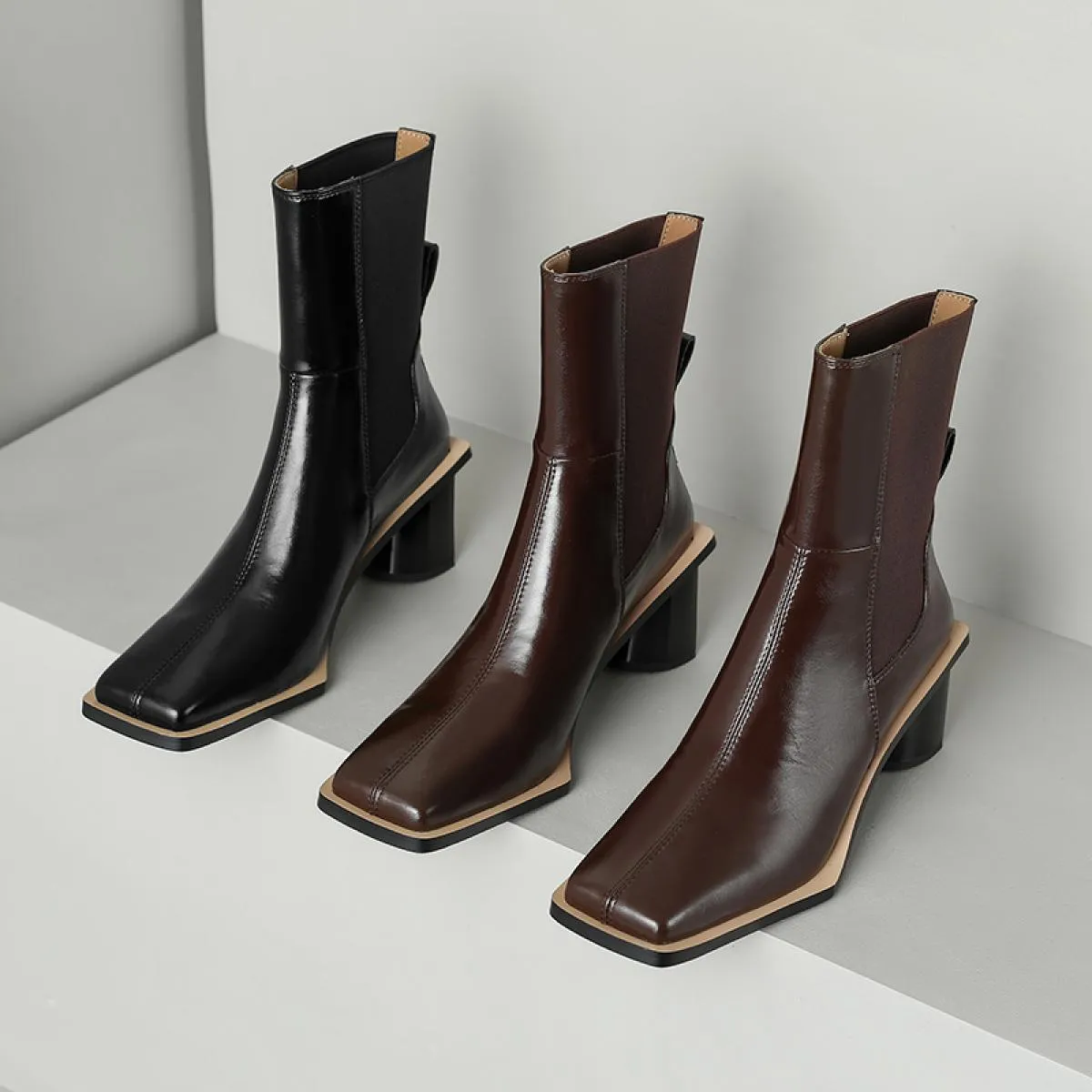 Stivaletti da donna casual da ufficio autunno inverno fascia elastica in vera pelle spessa scarpe con tacco alto donna vintage c