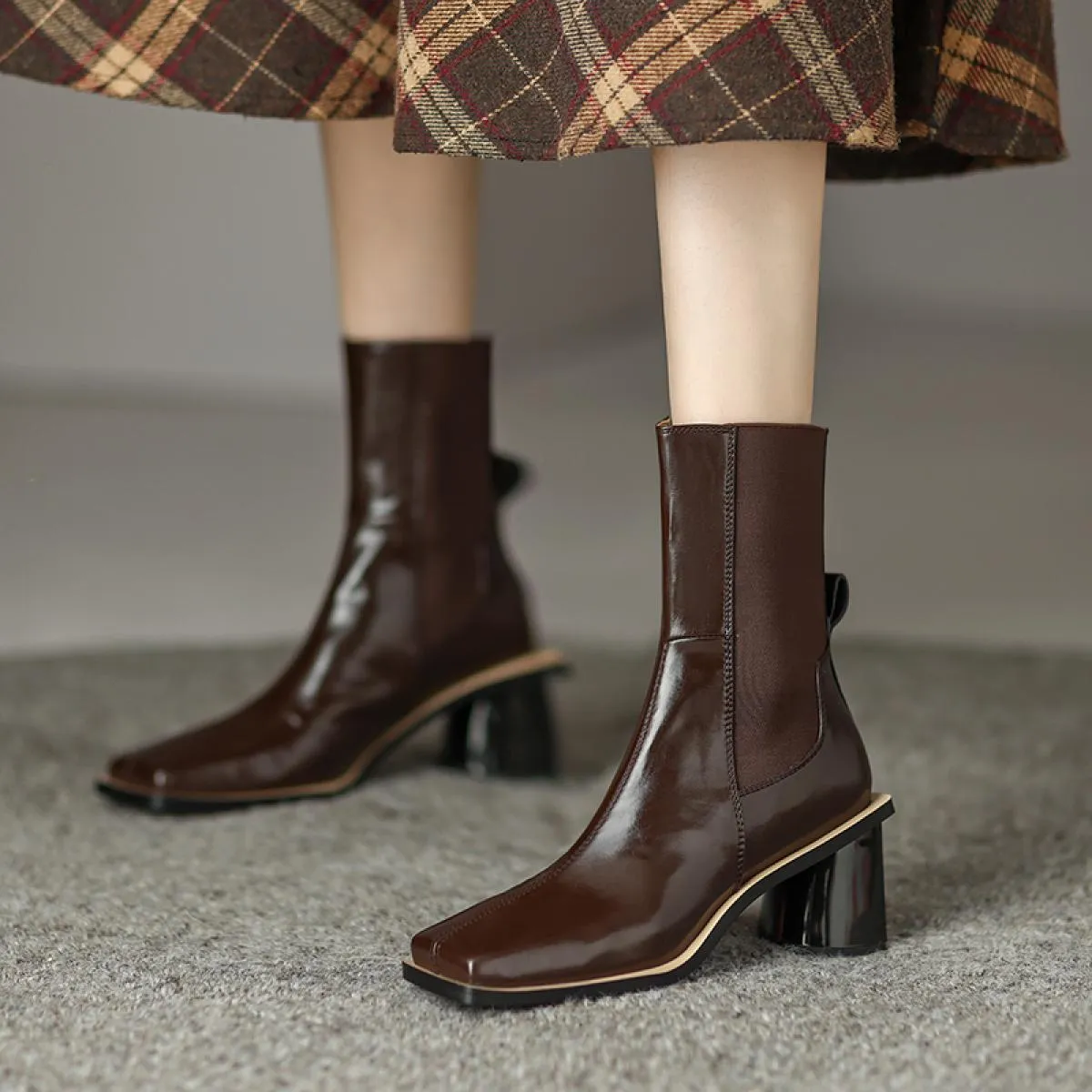 Stivaletti da donna casual da ufficio autunno inverno fascia elastica in vera pelle spessa scarpe con tacco alto donna vintage c