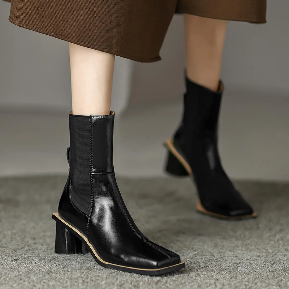 Stivaletti da donna casual da ufficio autunno inverno fascia elastica in vera pelle spessa scarpe con tacco alto donna vintage c