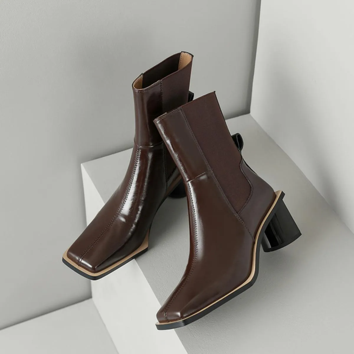 Stivaletti da donna casual da ufficio autunno inverno fascia elastica in vera pelle spessa scarpe con tacco alto donna vintage c