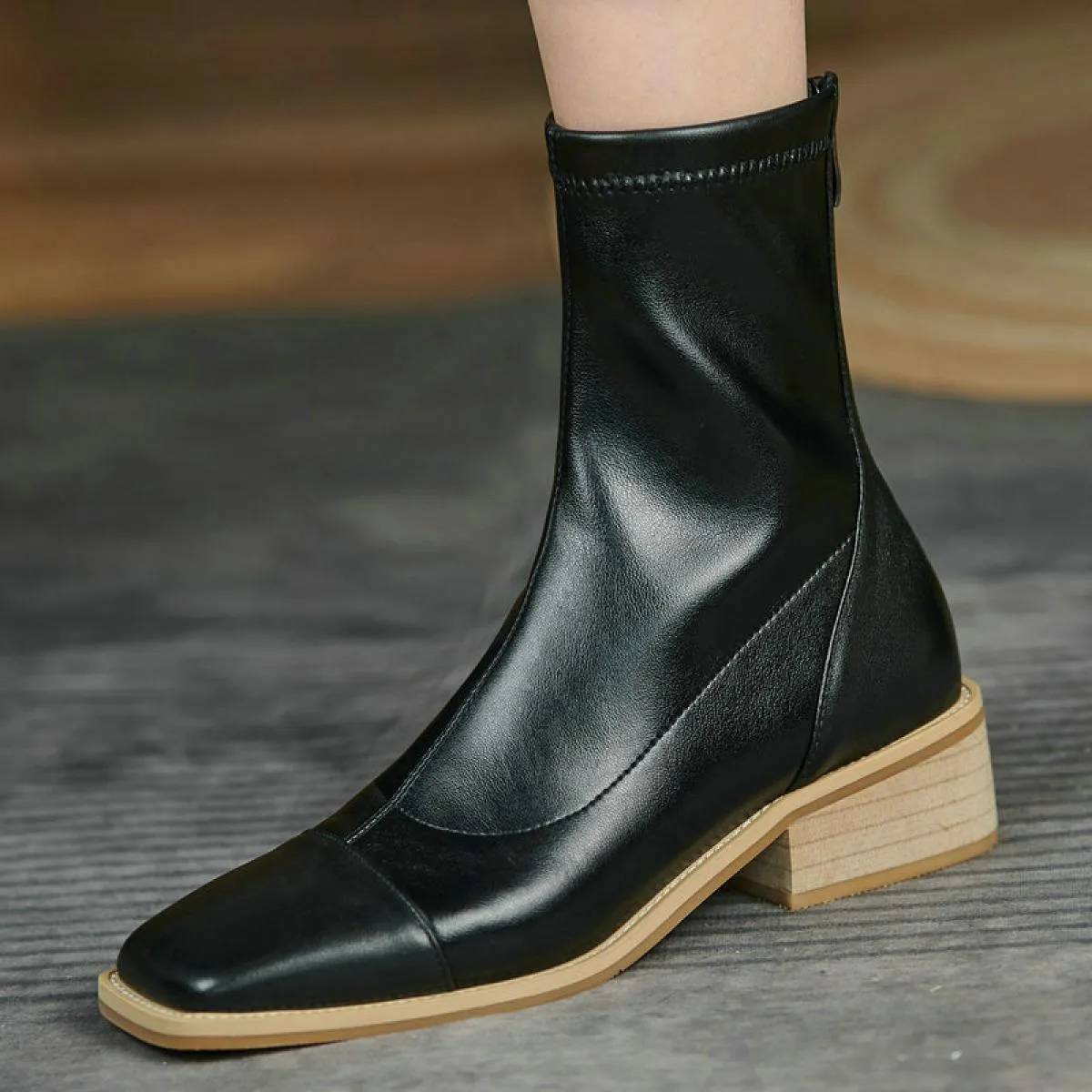 Stivaletti da donna con cerniera in vera pelle, design conciso, con tacco spesso, scarpe da donna, stivali casual da lavoro inve