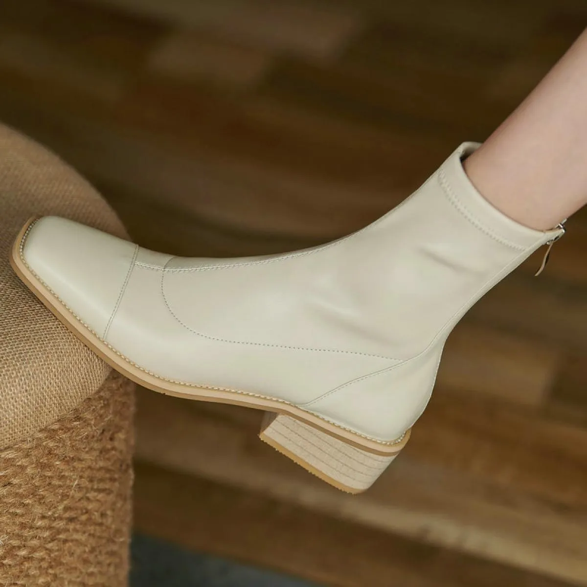 Stivaletti da donna con cerniera in vera pelle, design conciso, con tacco spesso, scarpe da donna, stivali casual da lavoro inve