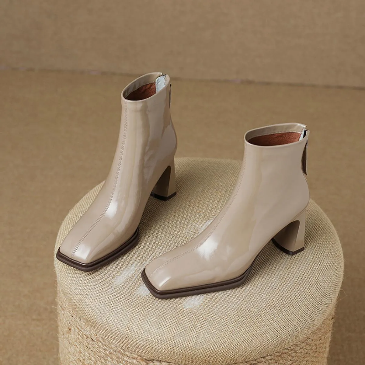 Stivaletti da donna con cerniera posteriore in vera pelle punta quadrata tacchi alti scarpe da sera da donna da ufficio autunno