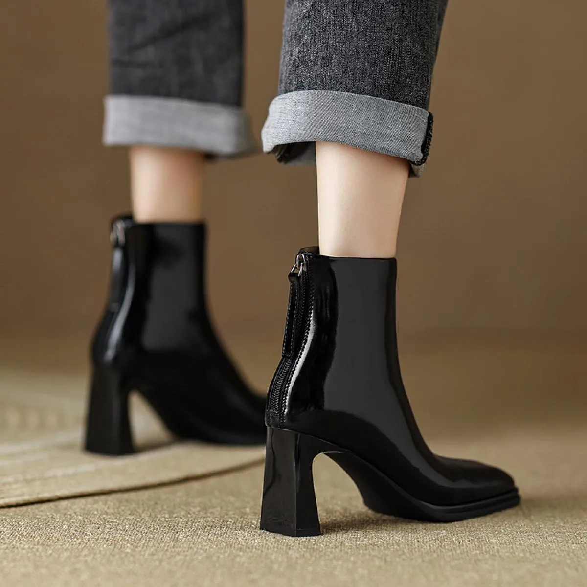 Stivaletti da donna con cerniera posteriore in vera pelle punta quadrata tacchi alti scarpe da sera da donna da ufficio autunno