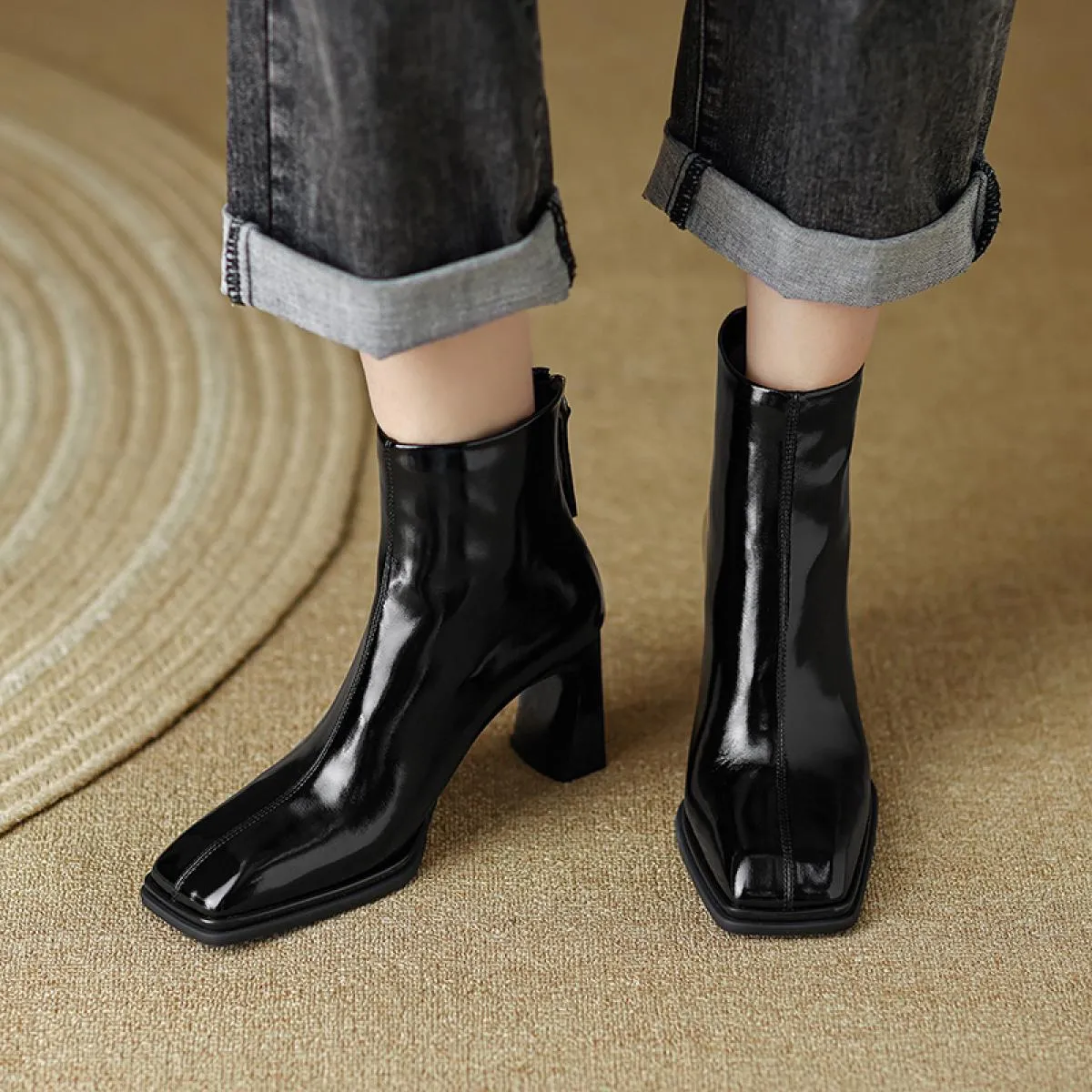 Stivaletti da donna con cerniera posteriore in vera pelle punta quadrata tacchi alti scarpe da sera da donna da ufficio autunno